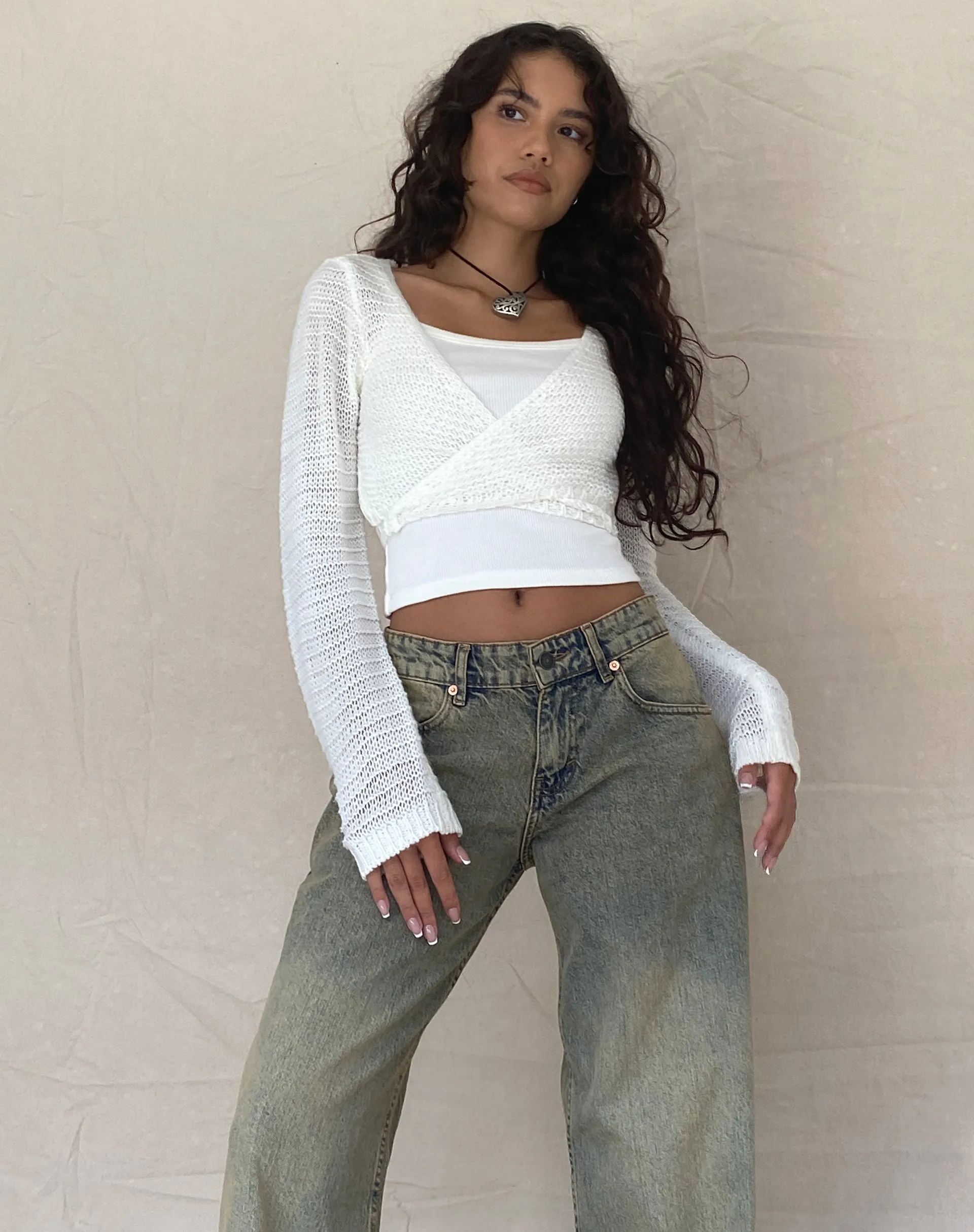 Nocta Long Sleeve Crop Top in Weave Knit Ivory sold by Motel Rocks product image thumbnail 2