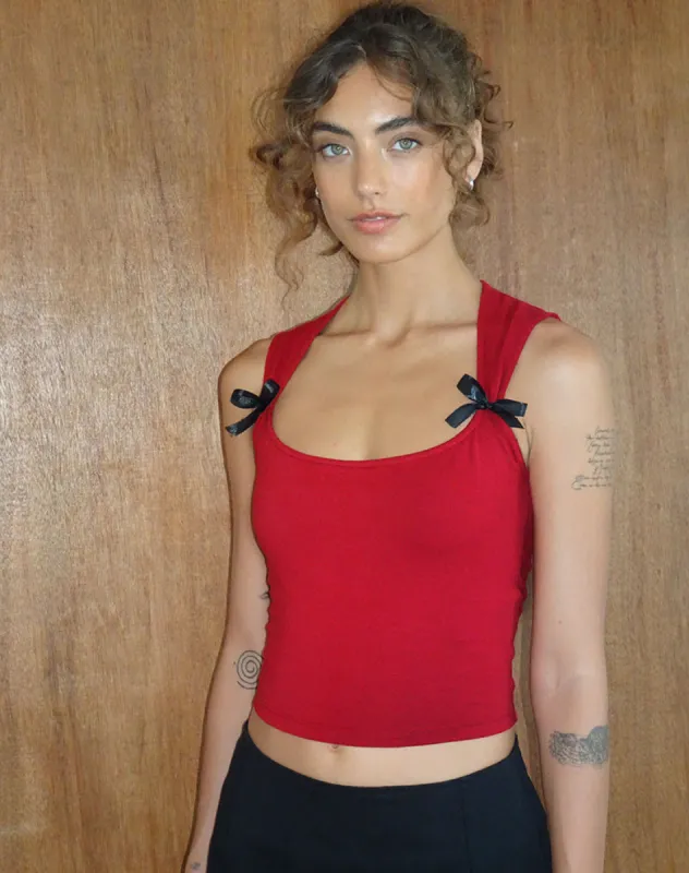 Jiniso Crop Top in Adrenaline Red with Black Bows made by Motel Rocks