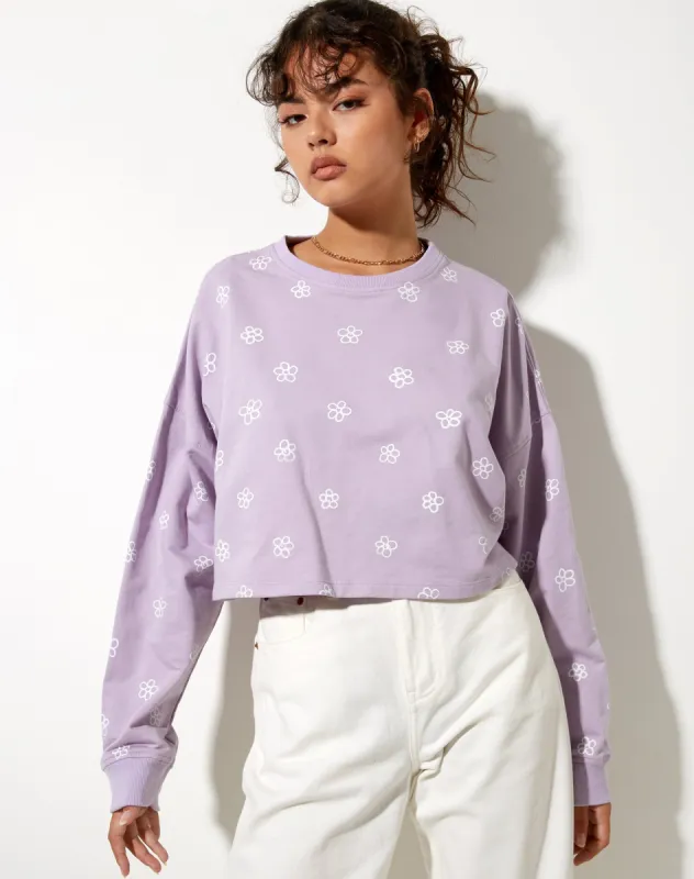 Fawly Crop Top in Small Graffiti Flower Lilac sold by Motel Rocks