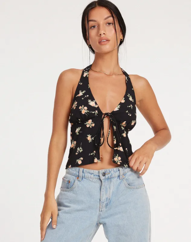 Roula Halter Top in Rose Garden Black sold by Motel Rocks