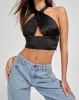 Bailta Crop Top in Satin Black sold by Motel Rocks