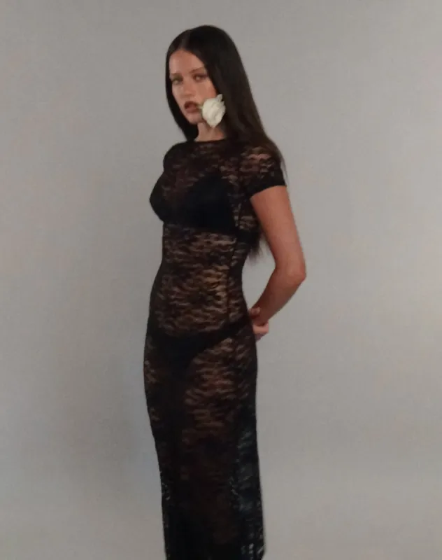 Detrie Low Back Lace Midi Dress in Jet Black Lace sold by Motel Rocks