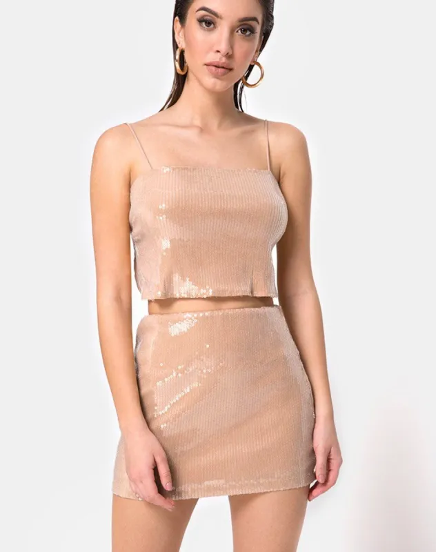 Kimmy Bodycon Skirt in Camel with Clear Sequin sold by Motel Rocks