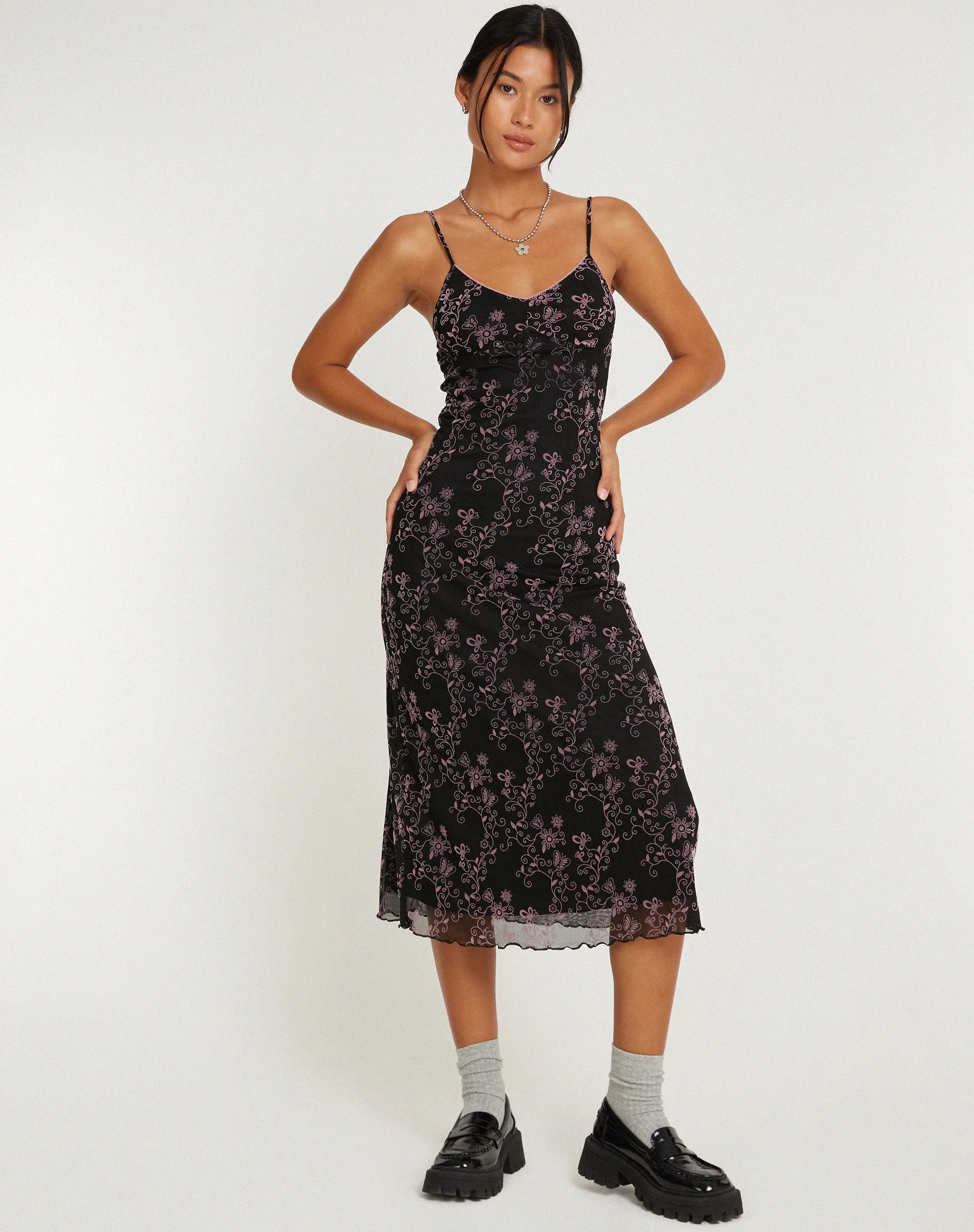 Cotina Midi Dress in Butterfly Vine Flock Black and Pink sold by Motel Rocks product image thumbnail 2