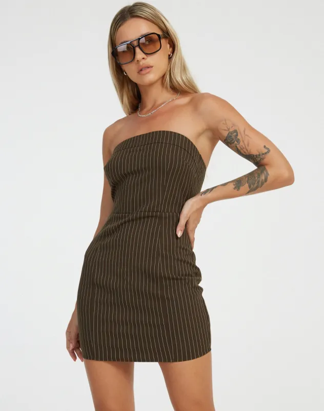 Siria Bandeau Dress in Pinstripe Brown sold by Motel Rocks