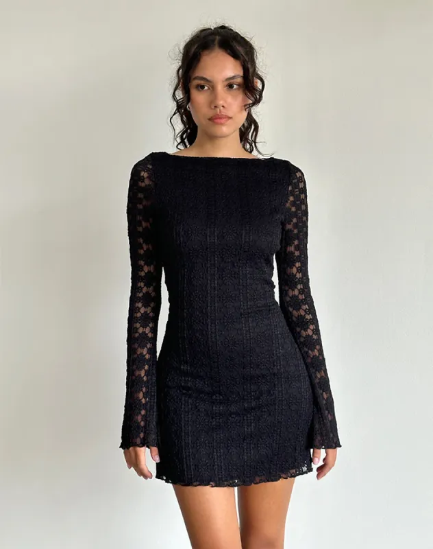 Sevila Long Sleeve Mini Dress in Regal Lace Black sold by Motel Rocks
