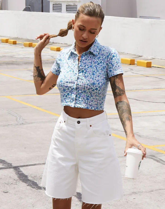 Wuma Cropped Shirt in Flower Power Blue sold by Motel Rocks