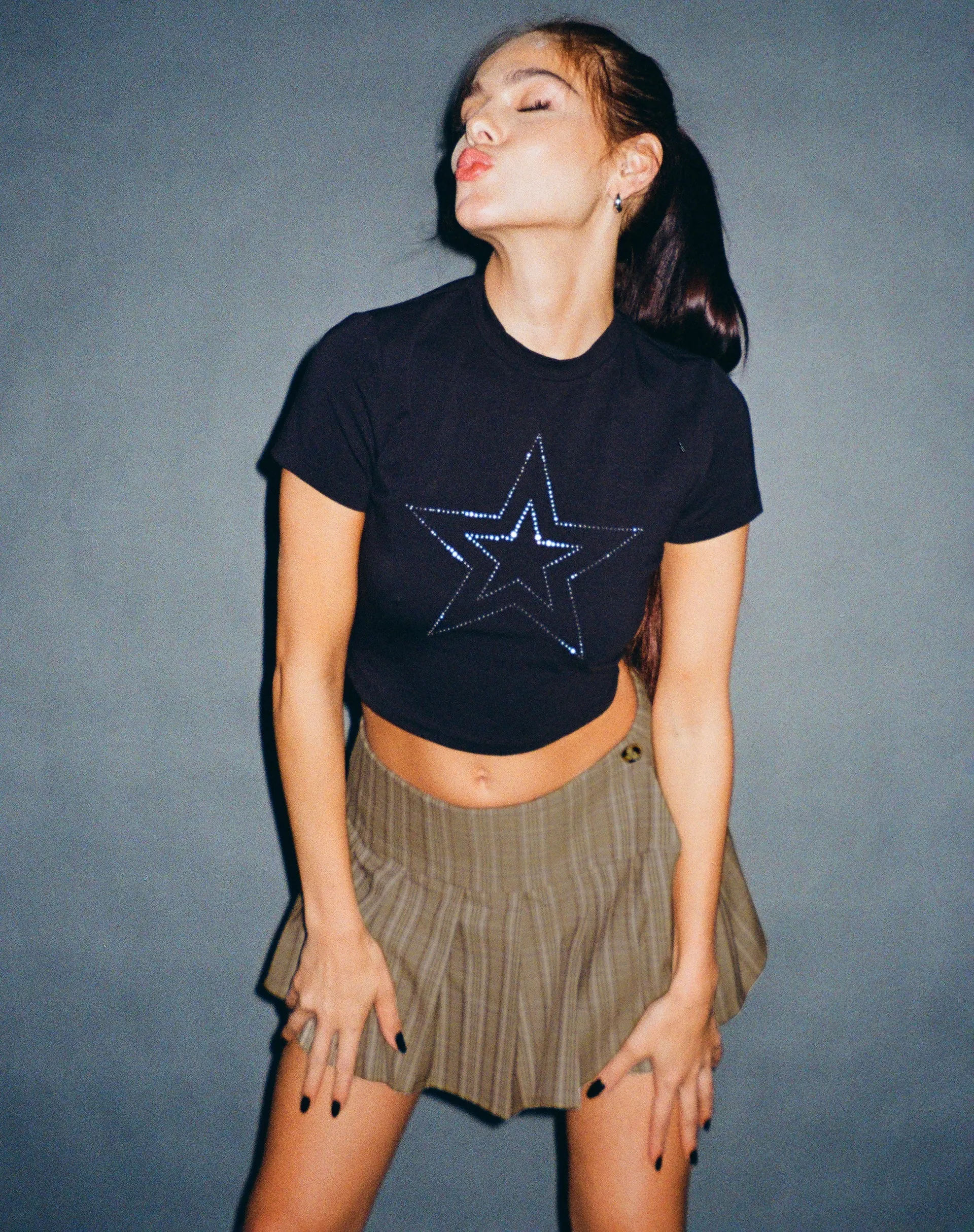 Surtila Crop Top in Black Star Hotfix Diamante sold by Motel Rocks