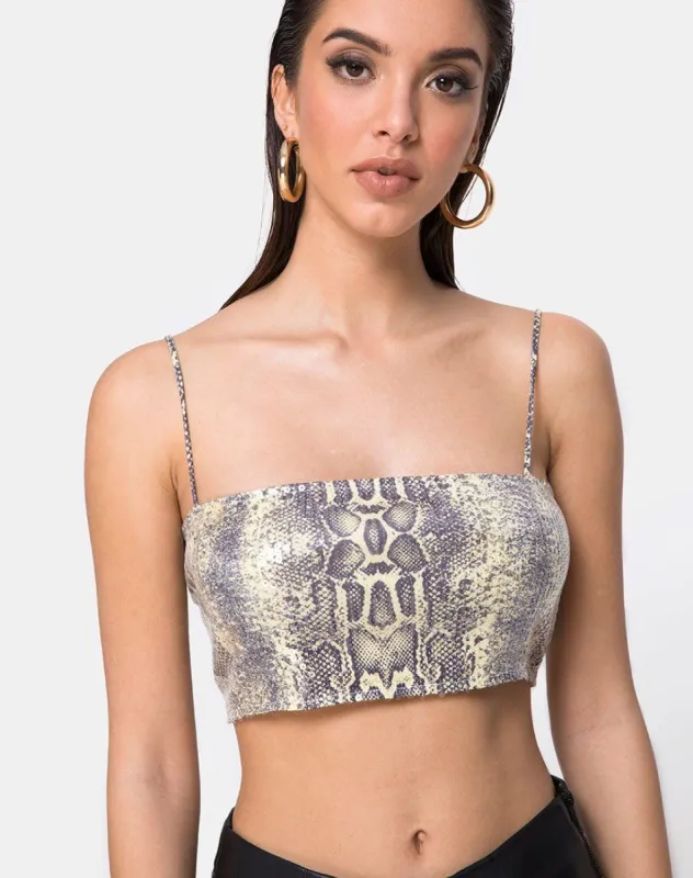Kylie Crop Top in Acid Snake Clear Sequin sold by Motel Rocks