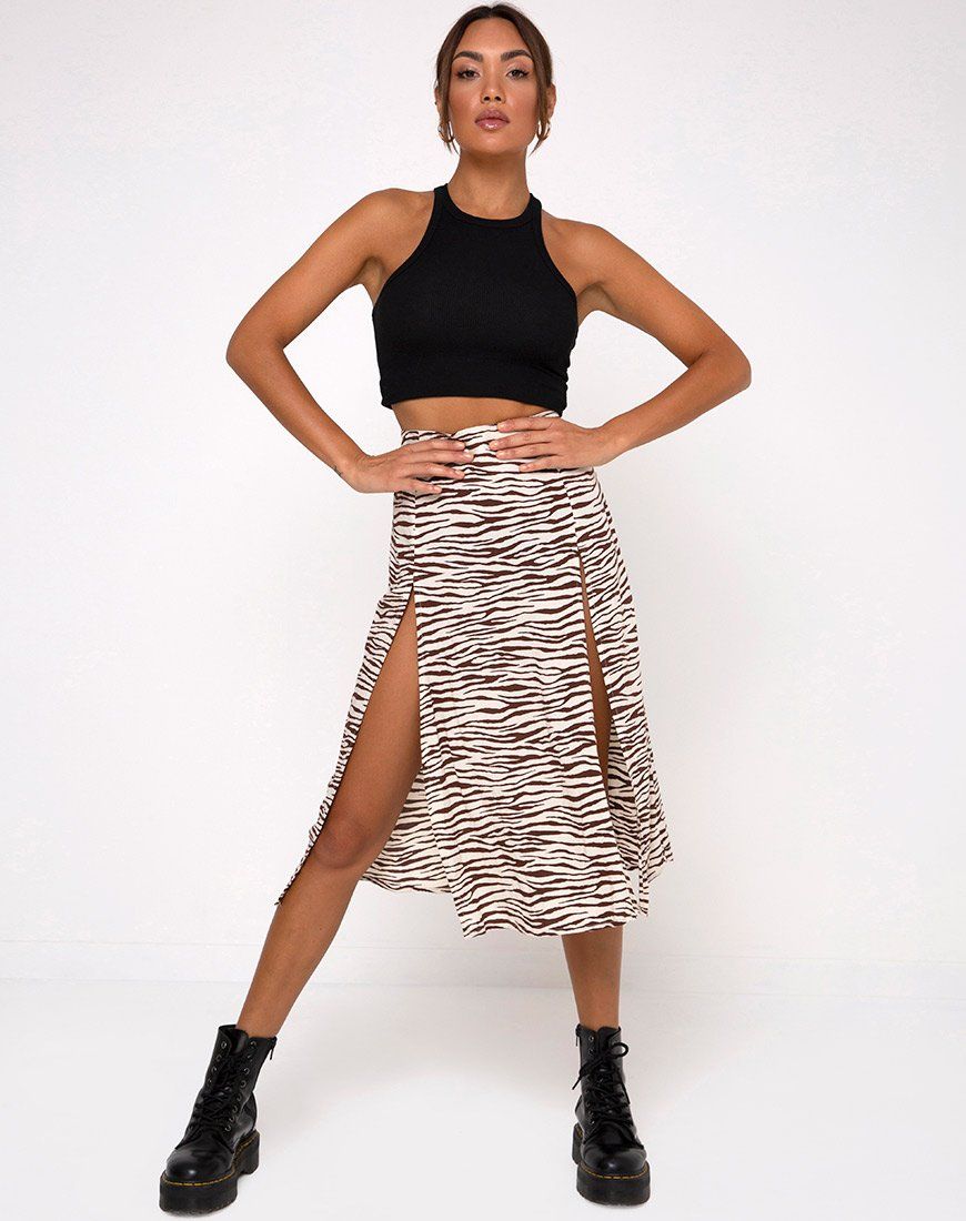 Malika Midi Skirt in Easy Tiger Cocoa sold by Motel Rocks