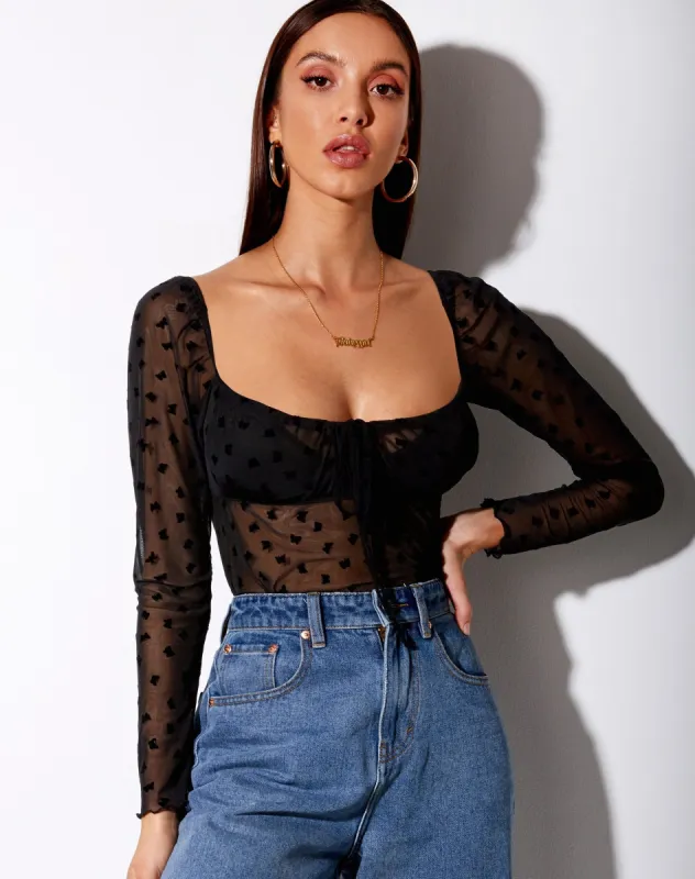 Sanila Crop Top in Black Flock Flutterby made by Motel Rocks