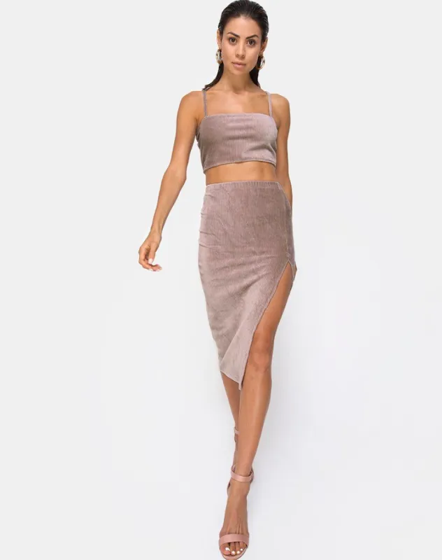 Midi Cheri Split Skirt in Rib Taupe sold by Motel Rocks
