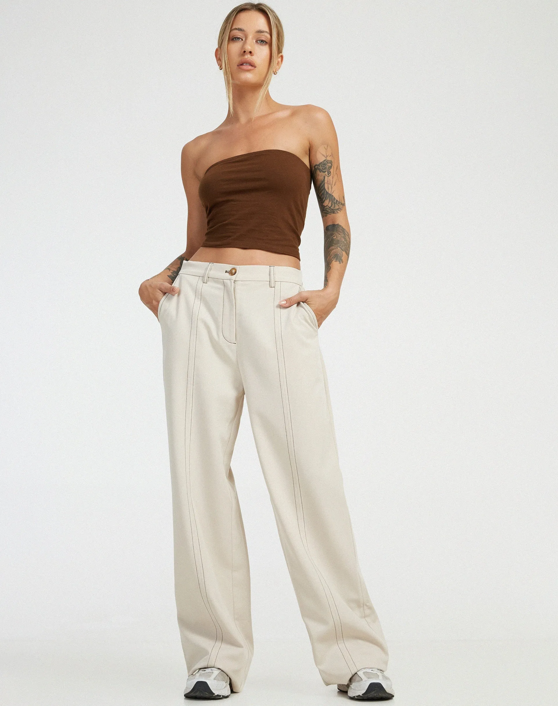 Albus Trouser in Ecru Brown Stitch sold by Motel Rocks