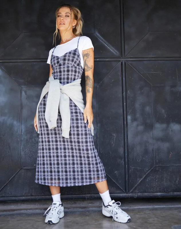 Cotina Midi Dress in Inkblot Check Black and White sold by Motel Rocks
