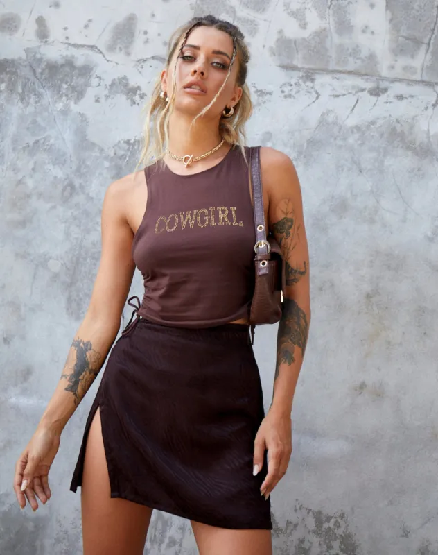 Shenka Mini Skirt in Satin Zebra Bitter Chocolate sold by Motel Rocks
