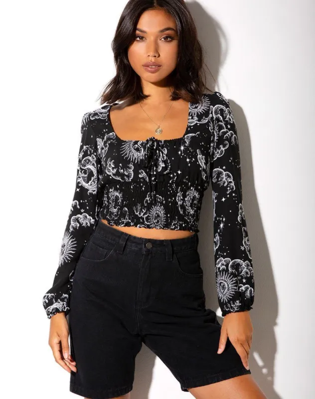 Carmen Longsleeve Top in Night Sky Black made by Motel Rocks