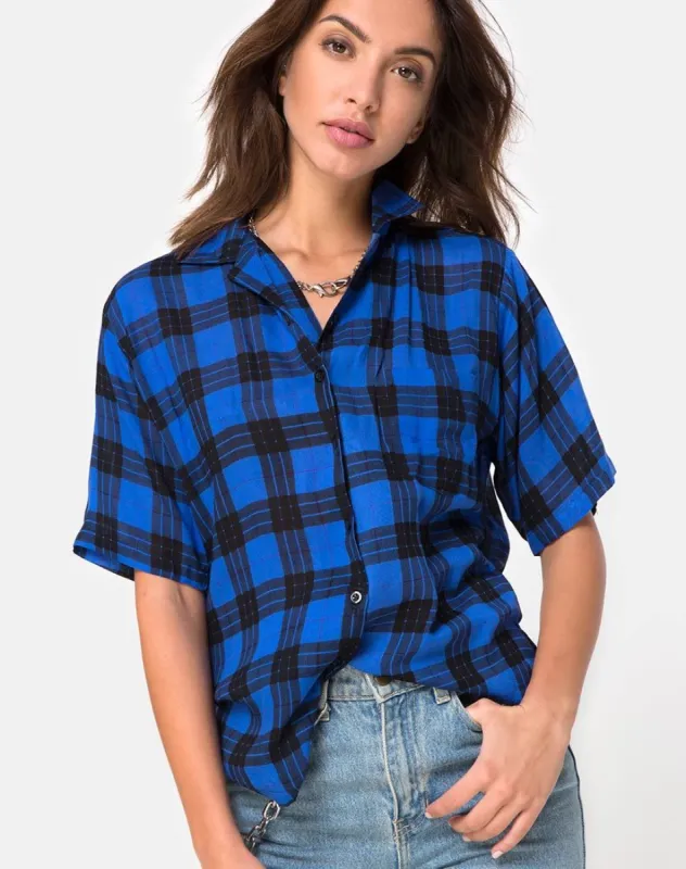 Hawaiian Oversized Shirt in Tartan Blue made by Motel Rocks