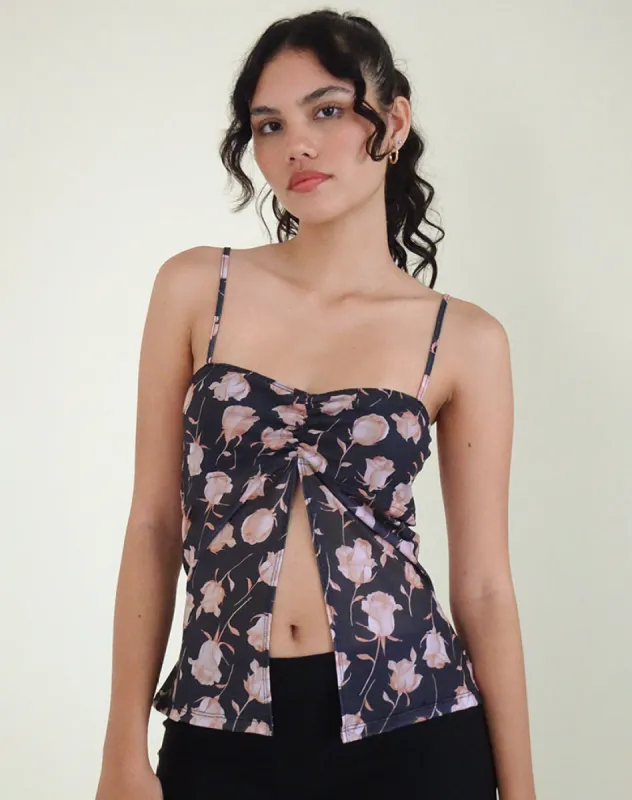 Megumi Top in Falling Rose Jet Black sold by Motel Rocks