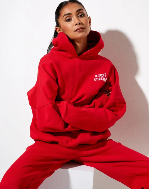Oversize Hoodie in Racing Red with 'Angel Energy' Embro sold by Motel Rocks