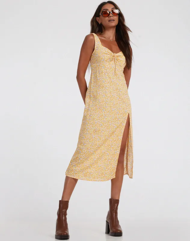 Jorie Midi Dress in Flower Garden Yellow sold by Motel Rocks