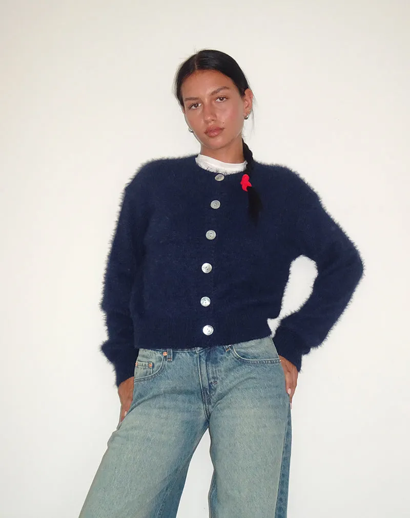 Audrina Cardigan In Fluffy Knit Navy sold by Motel Rocks