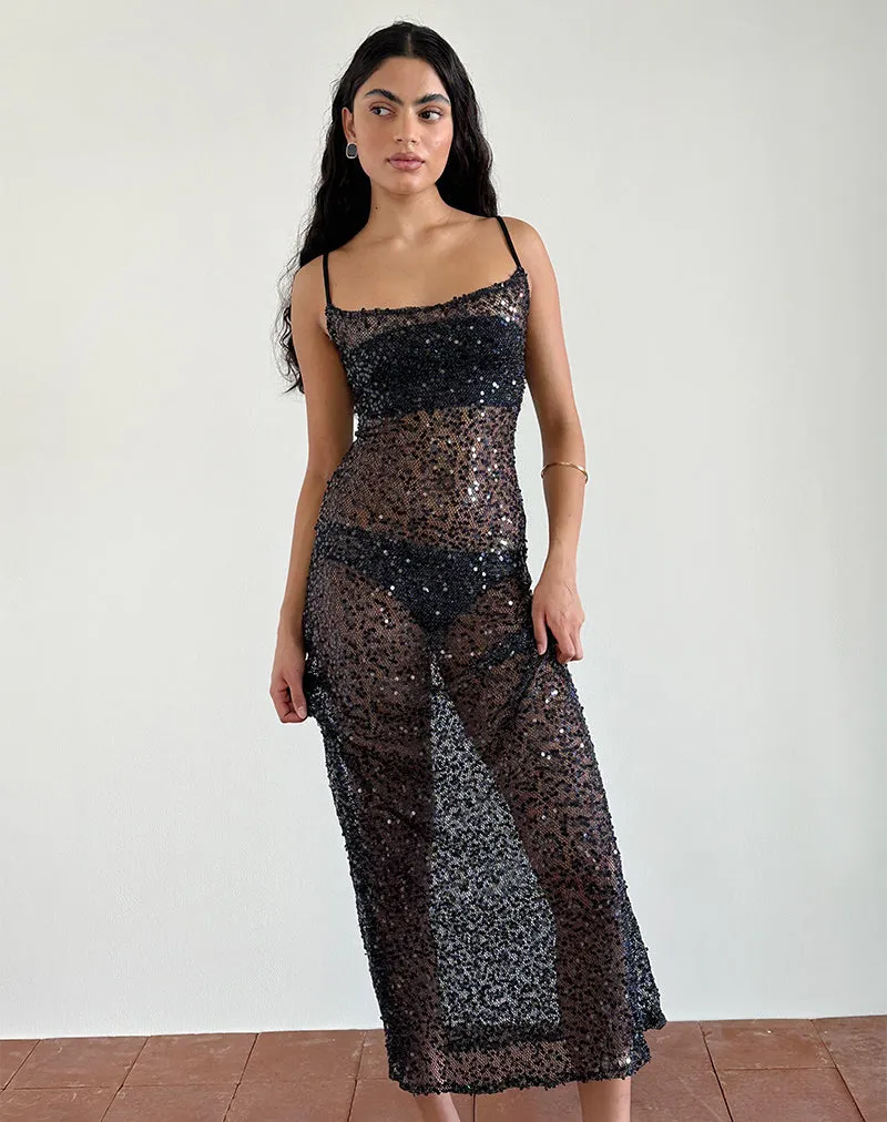 Darsih Maxi Dress in Sequin Mesh Black sold by Motel Rocks