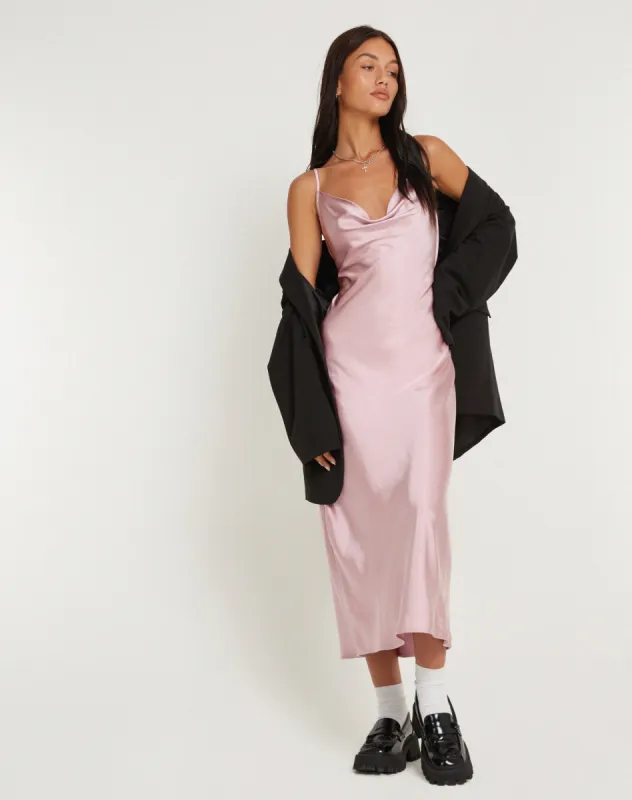 Palasha Midi Dress in Satin Dusky Pink sold by Motel Rocks