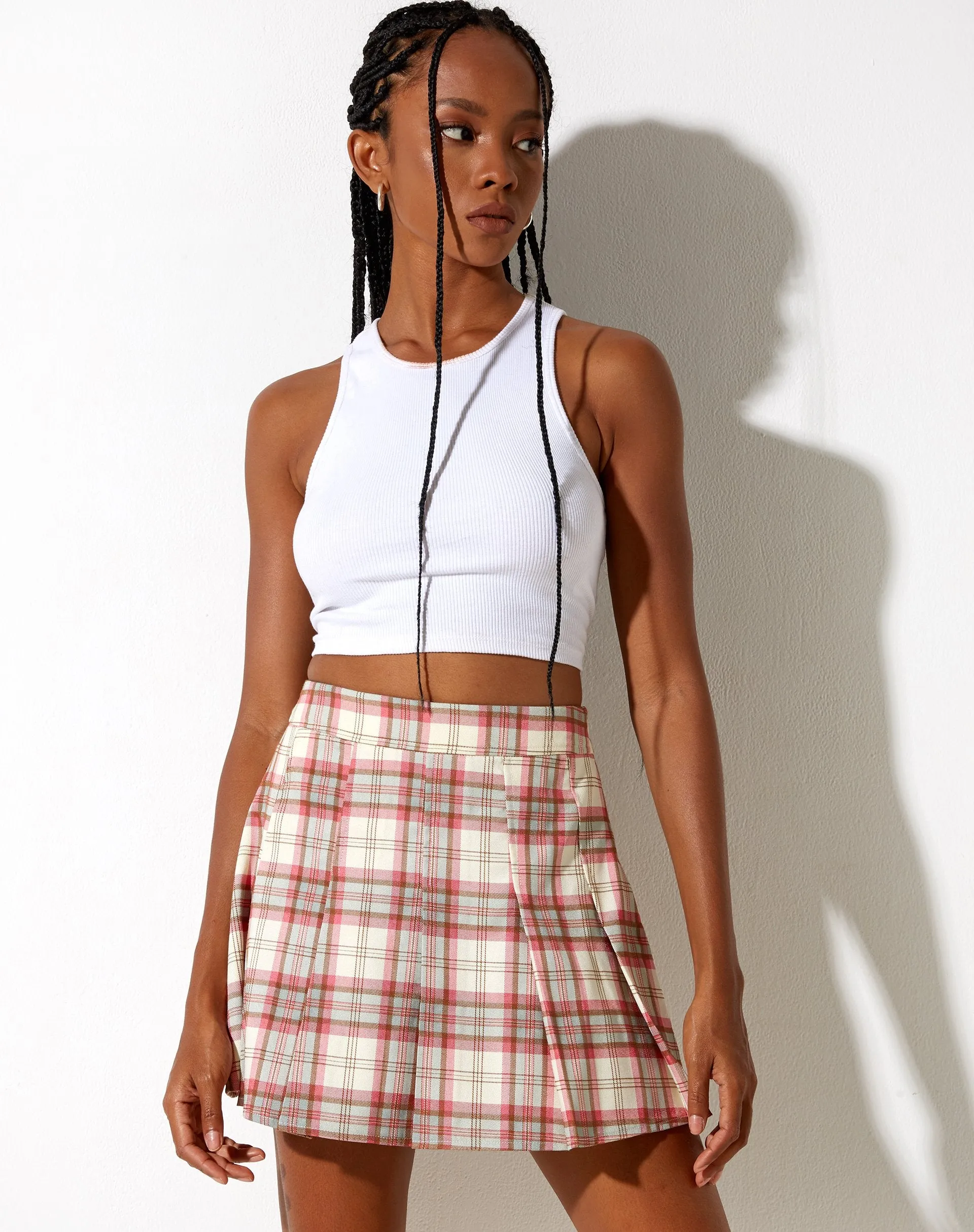 Carga Mini Skirt in Check Ecru and Pink sold by Motel Rocks product image thumbnail 4
