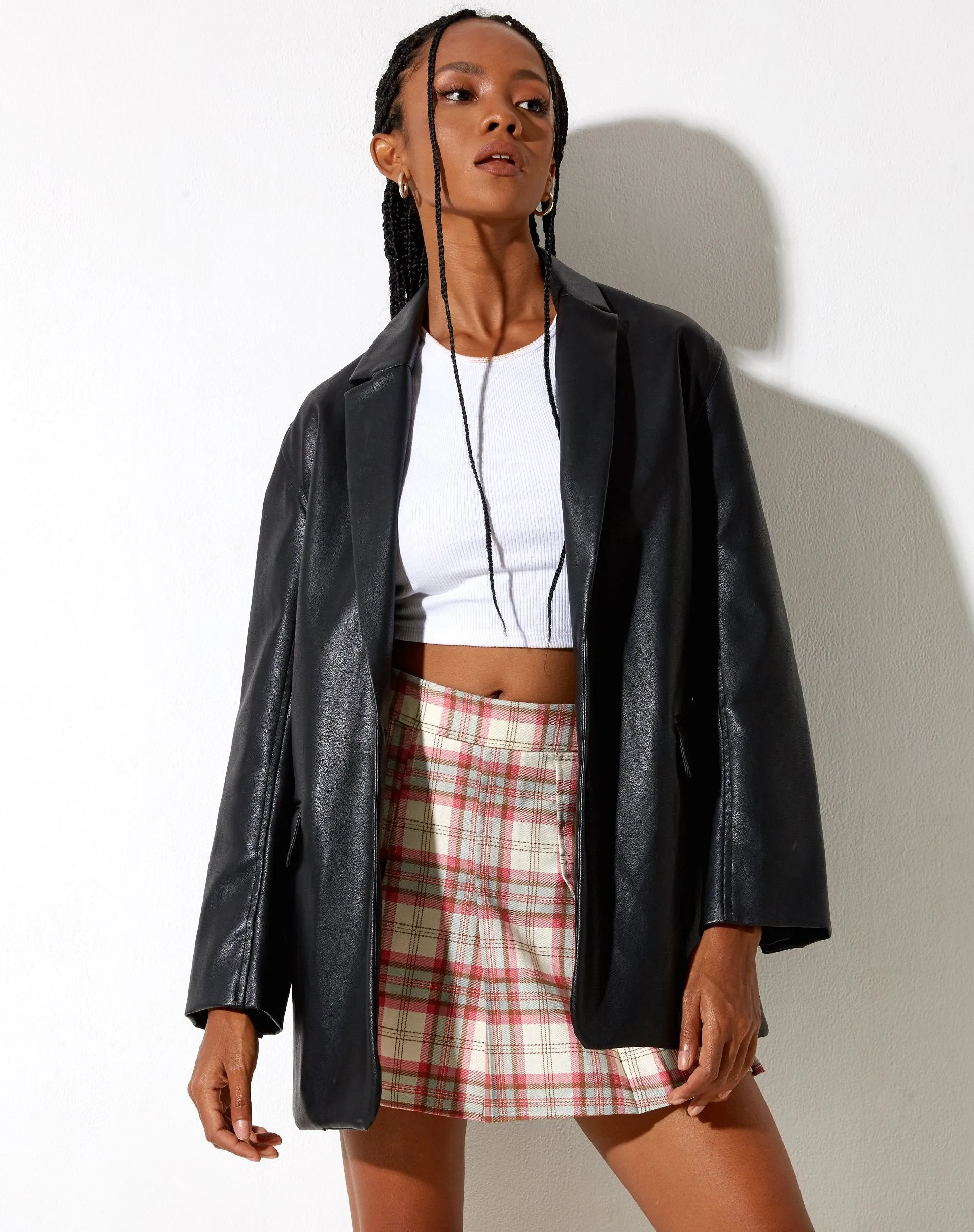 Carga Mini Skirt in Check Ecru and Pink sold by Motel Rocks