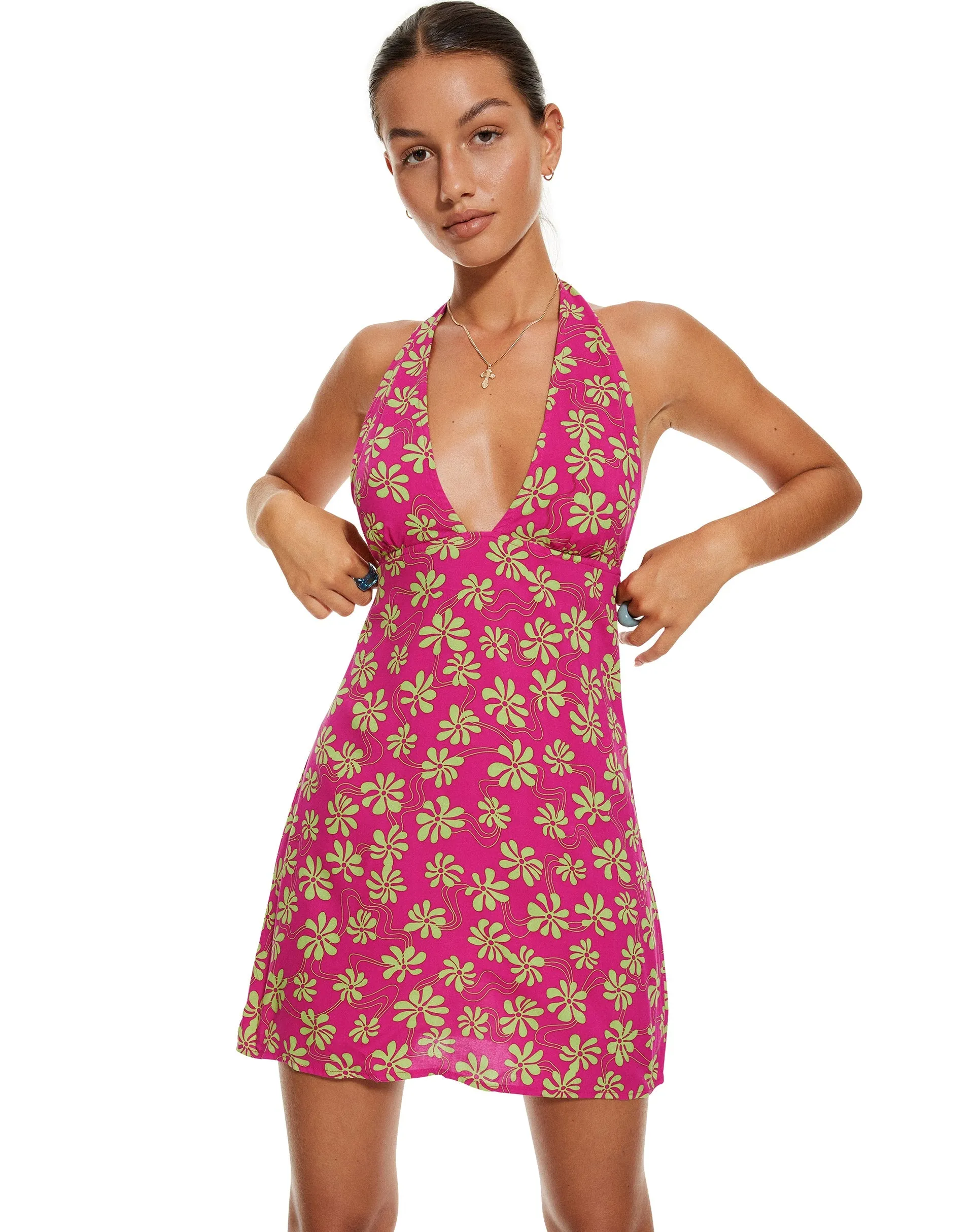MOTEL X BARBARA Leana Mini Dress in 90s Beachy Floral Hot Pink sold by Motel Rocks product image thumbnail 4