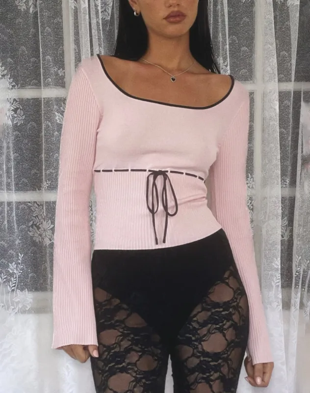 Juhye Knitted Long Sleeve Top in Blush Pink with Black Binding sold by Motel Rocks