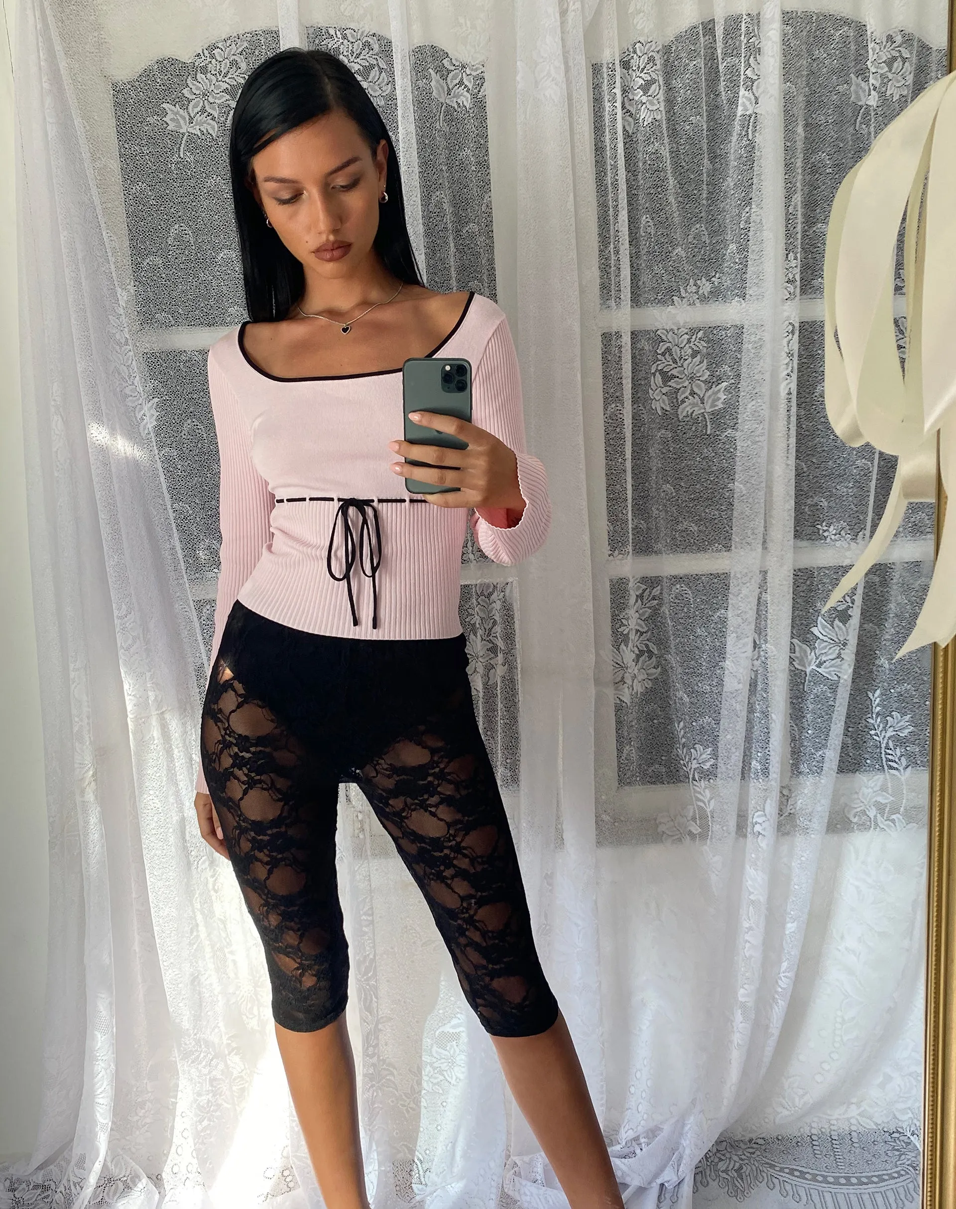 Juhye Knitted Long Sleeve Top in Blush Pink with Black Binding sold by Motel Rocks product image thumbnail 5