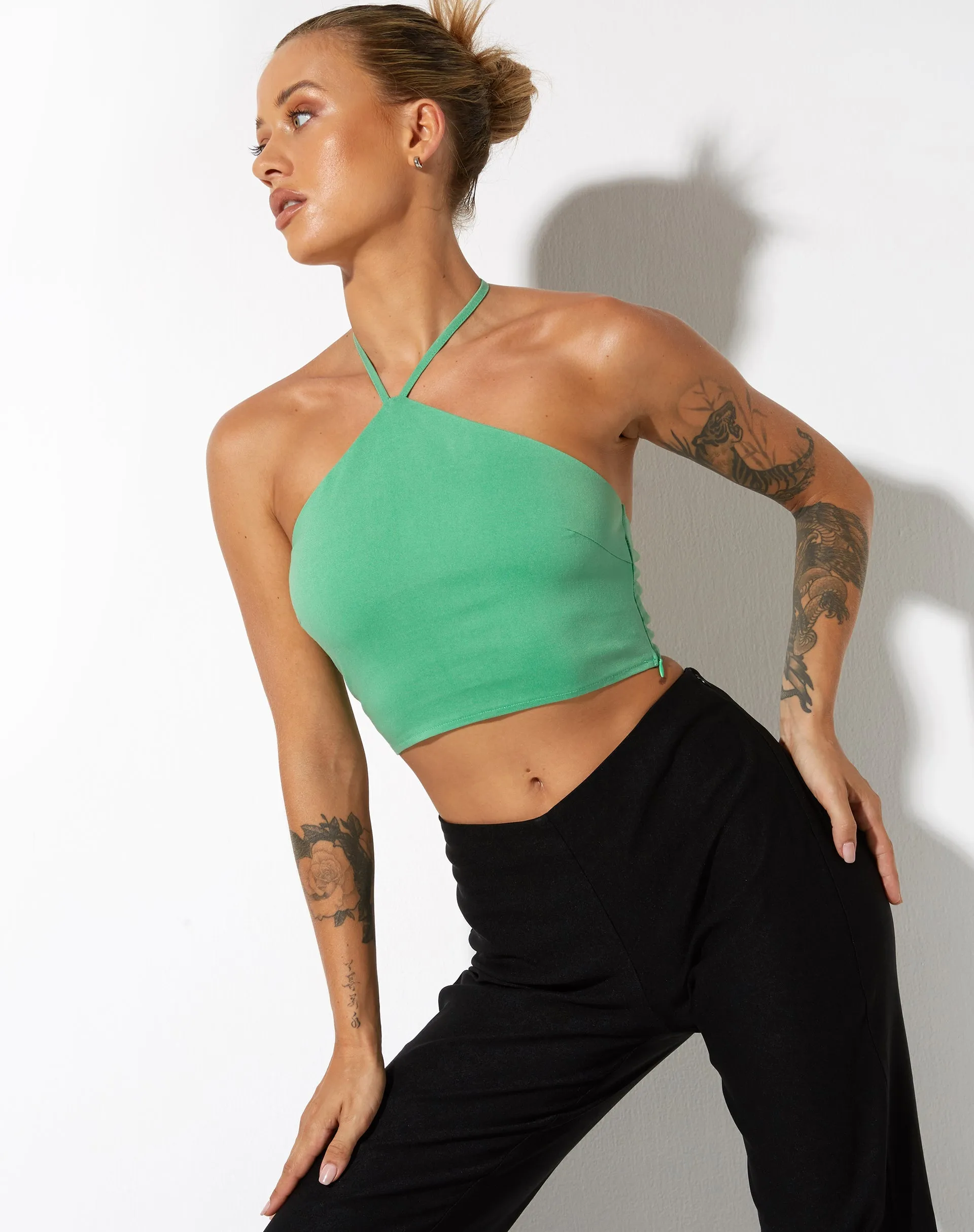 Janli Crop Top in Tailoring Green sold by Motel Rocks