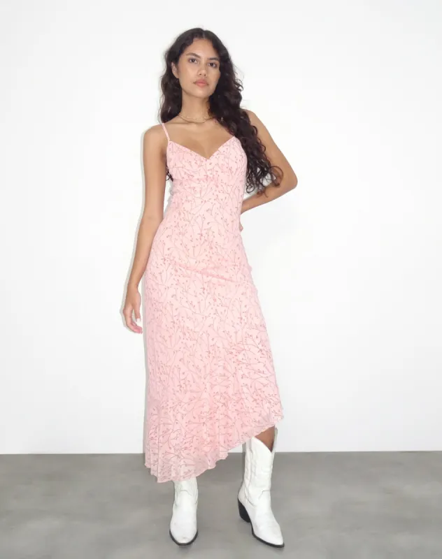 Kavala Asymmetric Midi Dress in Shadow Floral Pink sold by Motel Rocks