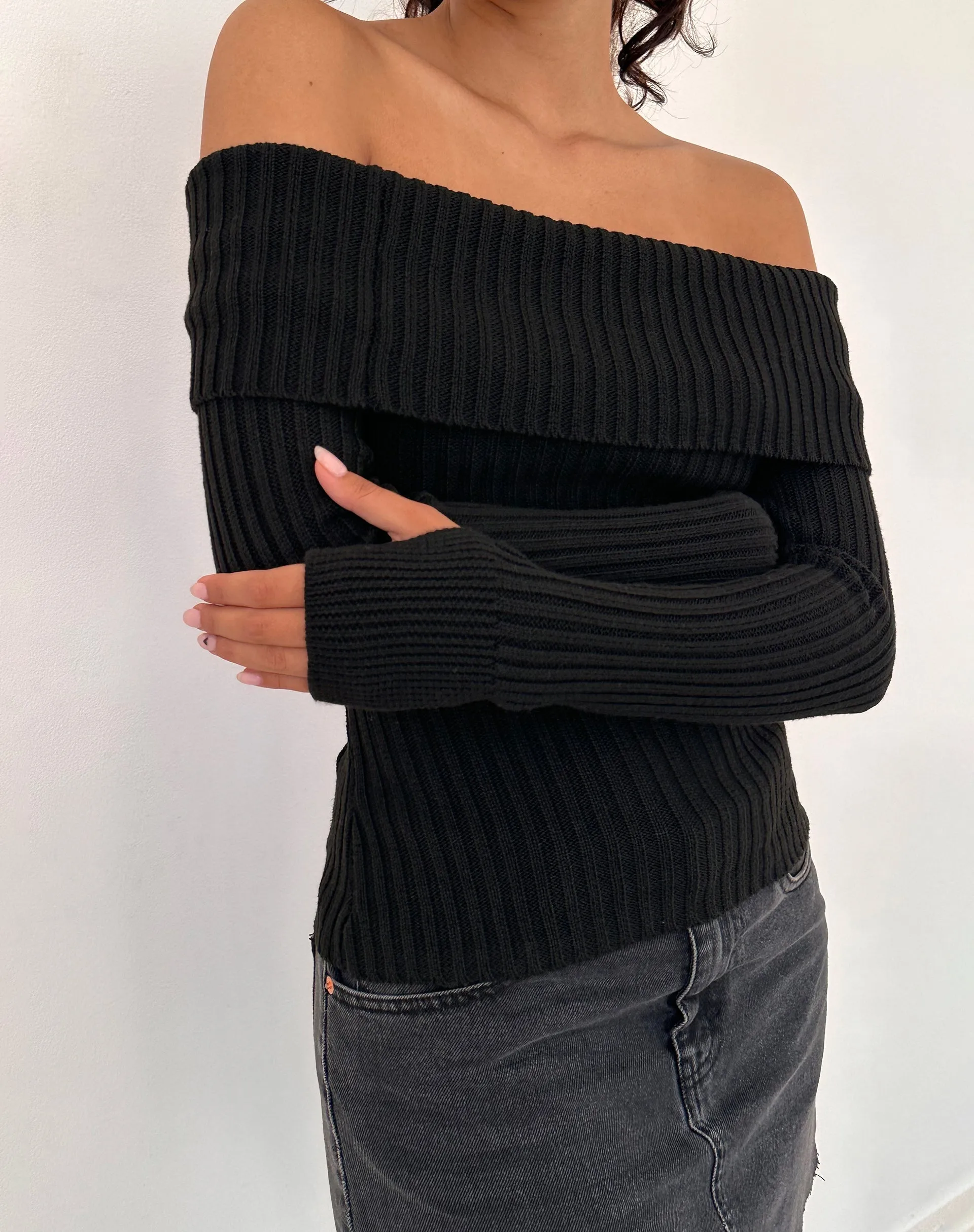 Circe Off-Shoulder Long Sleeve Knit Top in Black sold by Motel Rocks