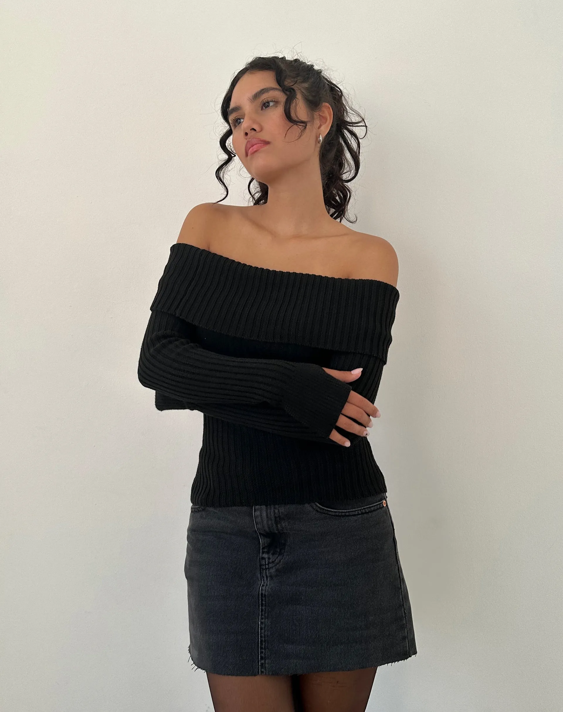 Circe Off-Shoulder Long Sleeve Knit Top in Black sold by Motel Rocks product image thumbnail 4