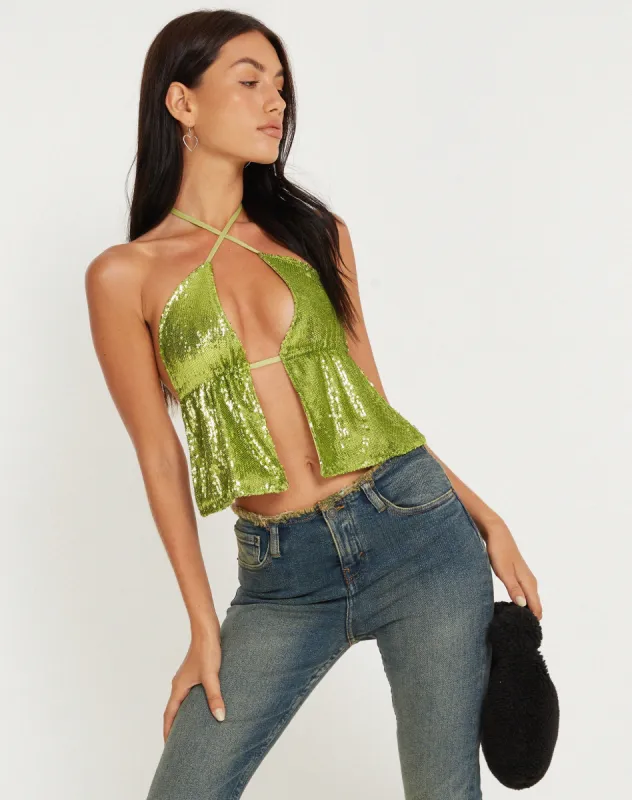 Runita Halter Top in Mini Sequin Lime Green made by Motel Rocks