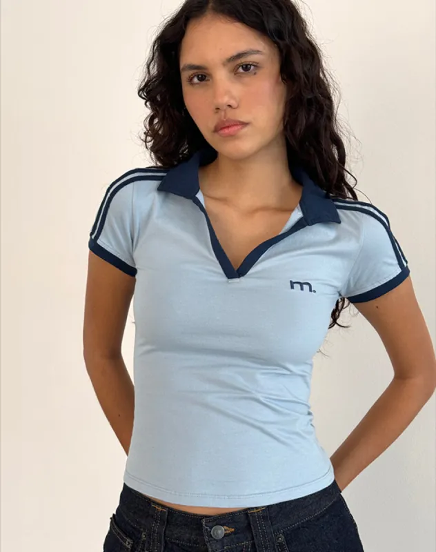 Isda Top in Nantucket Blue with Navy Binding and M Embroidery sold by Motel Rocks