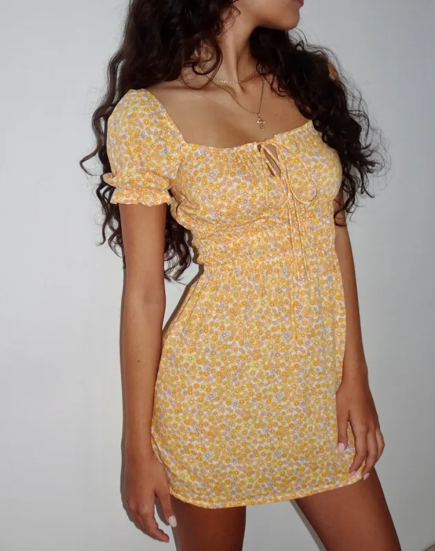 Rosmilly Mini Dress in Flower Garden Yellow sold by Motel Rocks