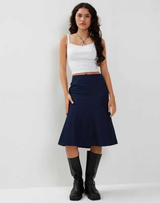 Eames Midi Skirt in Denim Indigo Blue sold by Motel Rocks