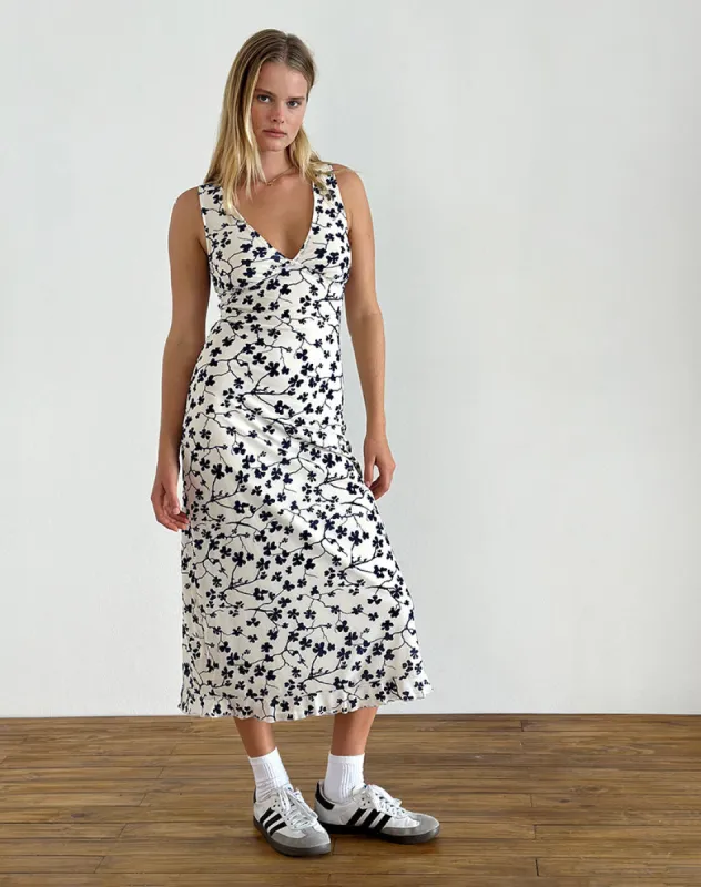Gabriela Midi Dress in Grunge Floral Flock Cream sold by Motel Rocks