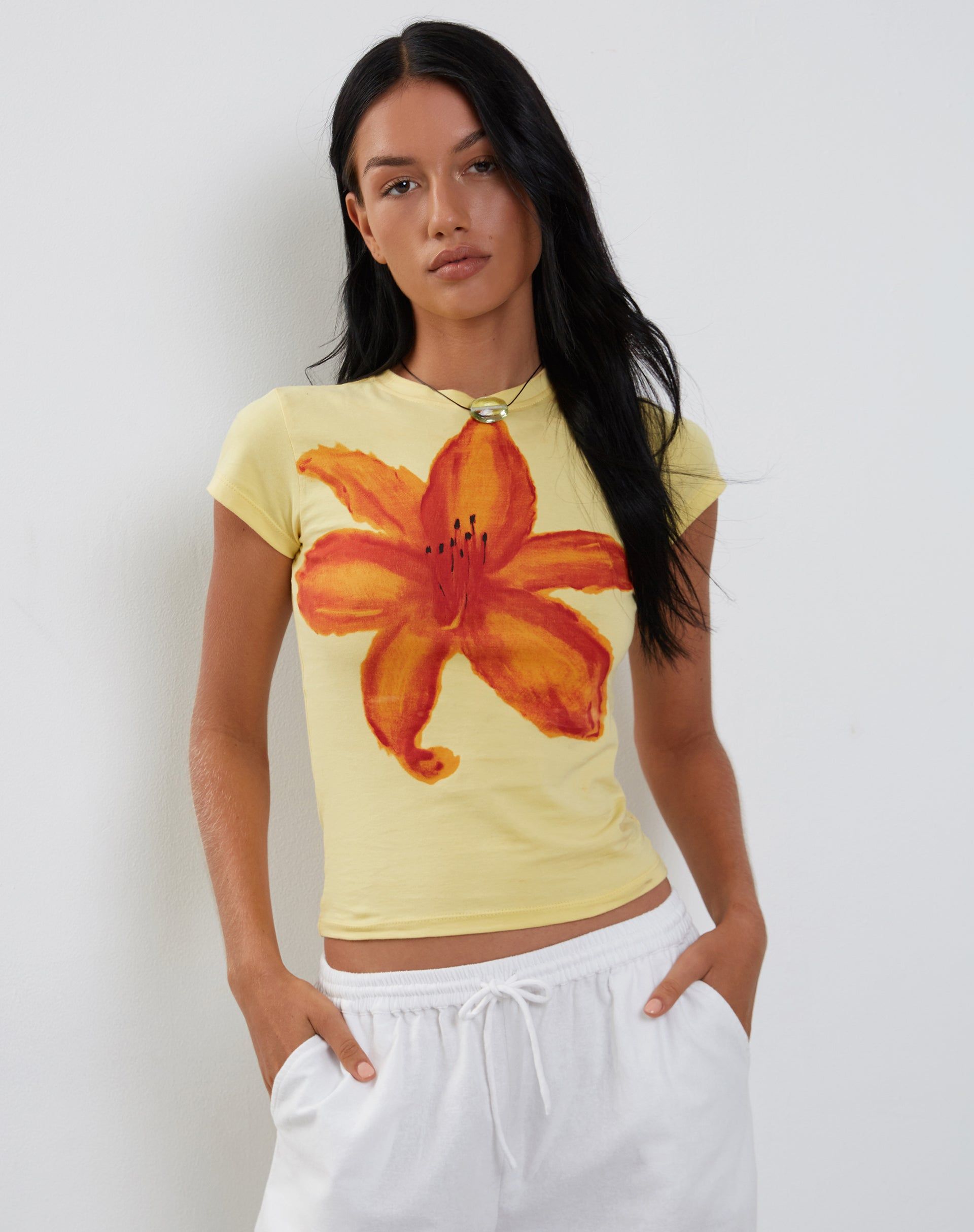 Tiona Baby Tee in Lemonade with Summer Flower Print sold by Motel Rocks