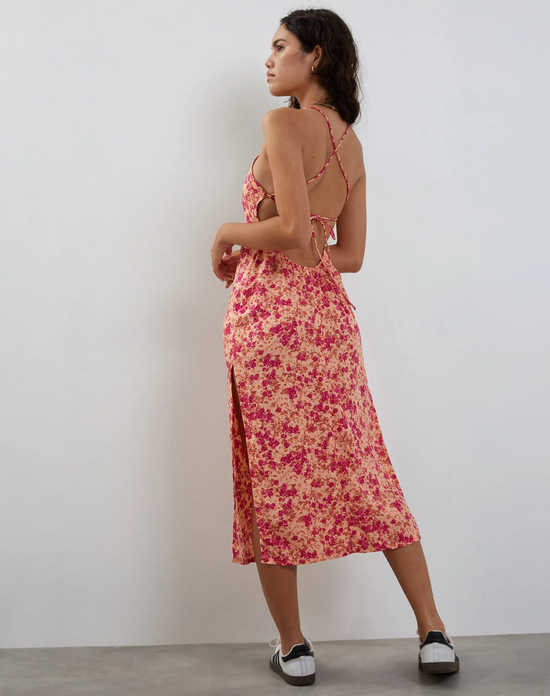 Nosita Midi Dress in Wild Dark Flower Cantaloupe sold by Motel Rocks