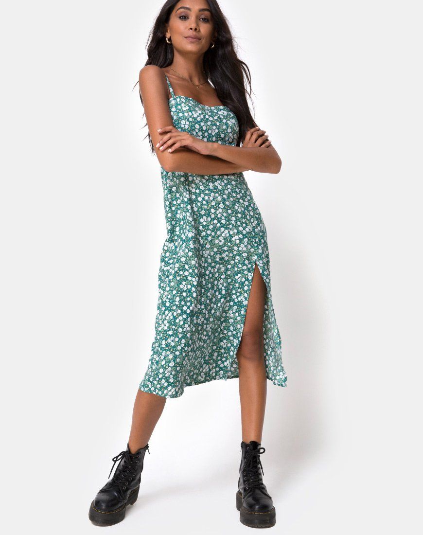 Kaoya Midi Dress in Floral Field Green sold by Motel Rocks