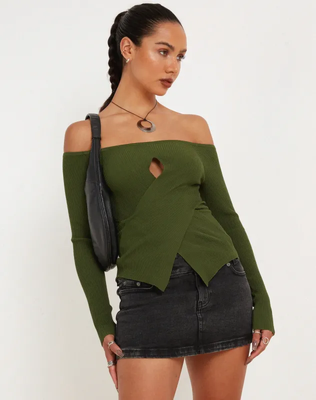 Amandari Bardot Top in Khaki sold by Motel Rocks