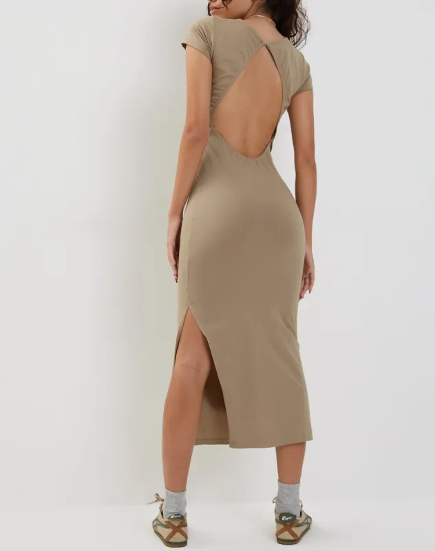 Kasor Open Back Midi Dress in London Fog sold by Motel Rocks