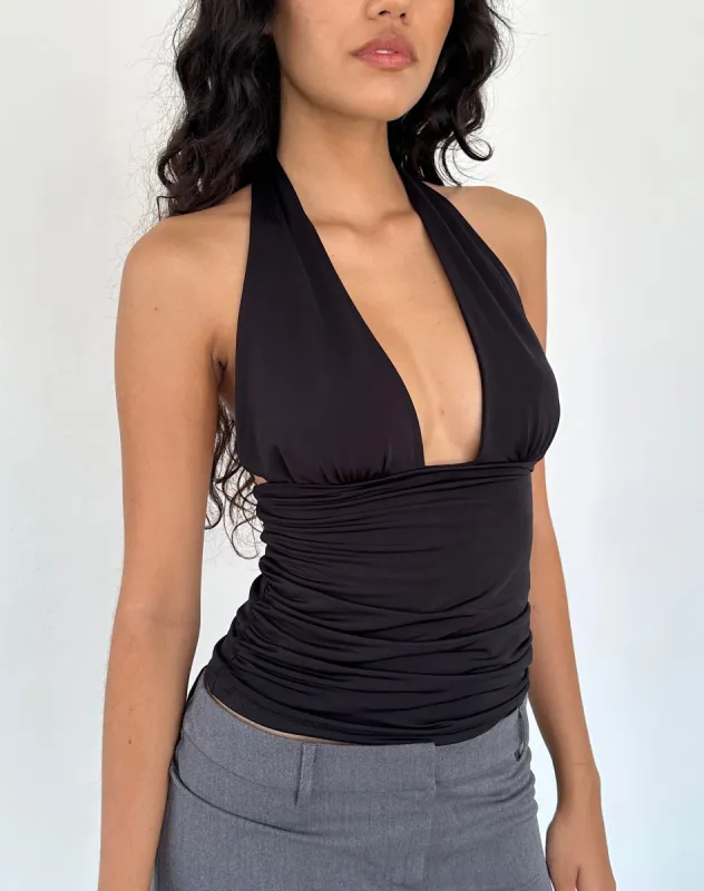 Cosimo Plunge Halterneck Top in Black Slinky sold by Motel Rocks