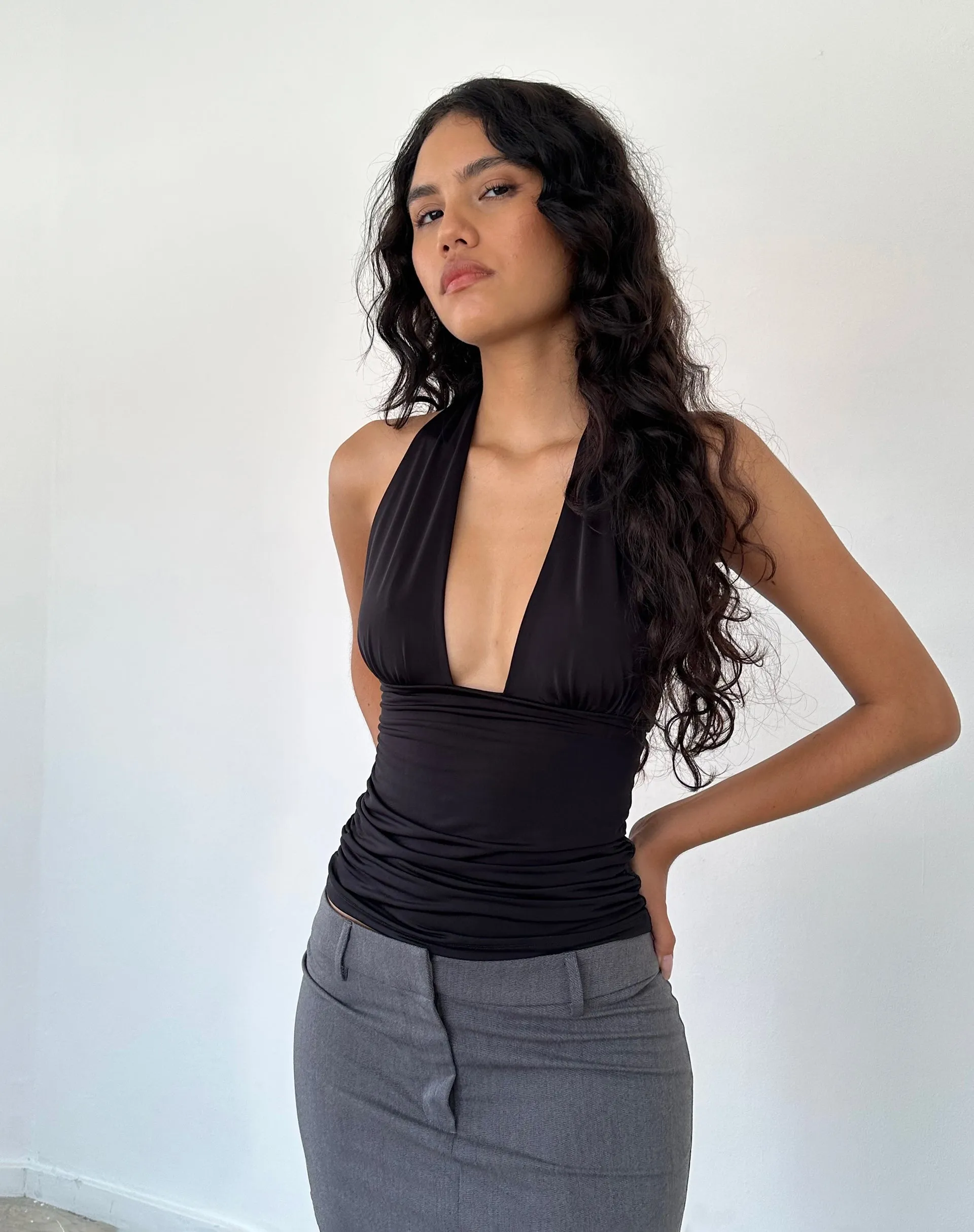 Cosimo Plunge Halterneck Top in Black Slinky sold by Motel Rocks product image thumbnail 2