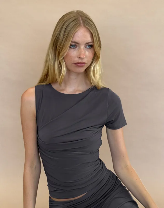 Zera Asymmetric Ruched Top in Grey sold by Motel Rocks