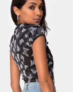 Jakina Crop Top in Black Butterfly Flock sold by Motel Rocks